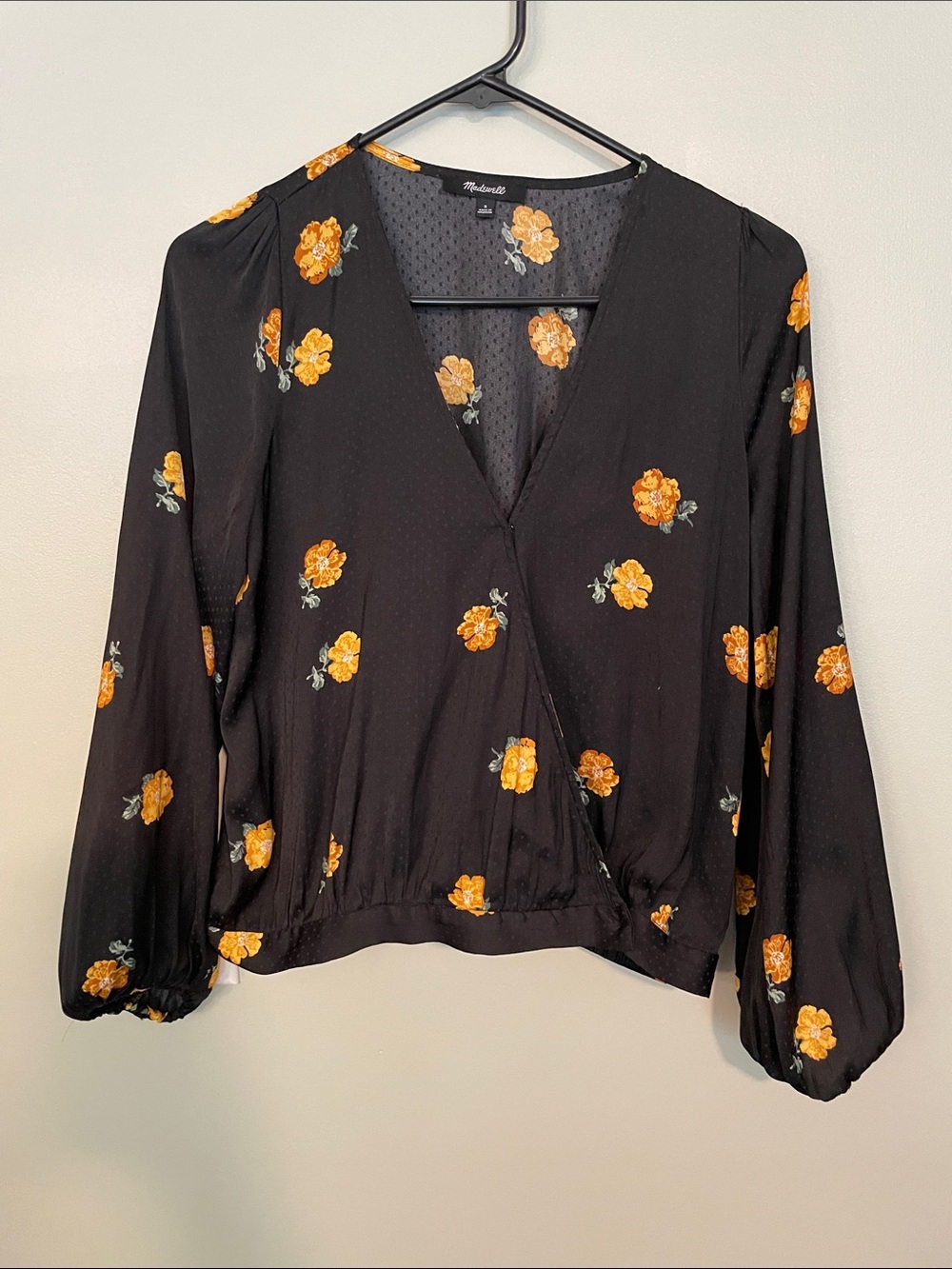 S Madewell Black faux Wrap Blouse with Orange Floral Print